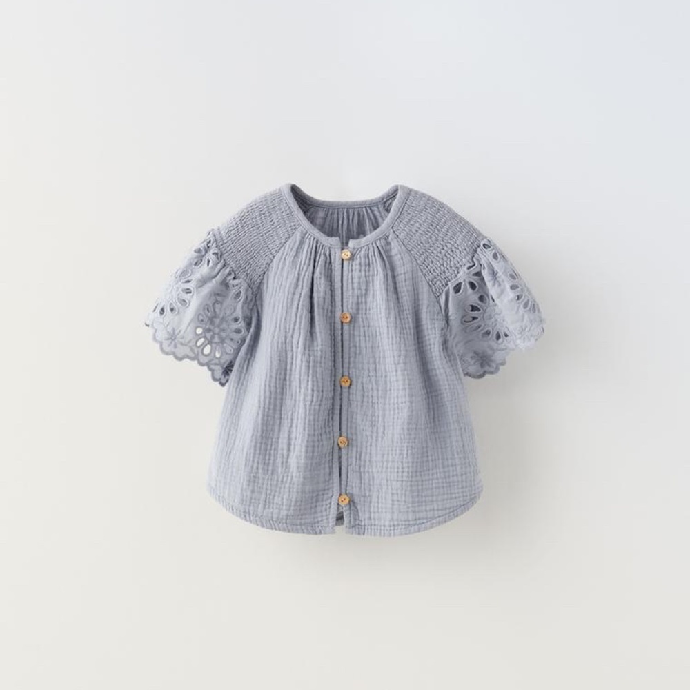 ZARA Blue LACE TRIM TEXTURED SHIRT 9-12 months